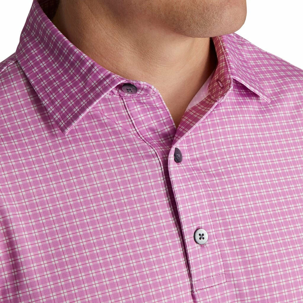 FootJoy Lisle Plaid Print Self Collar Pink Mens Golf Polo 5 FootJoy Lisle Plaid Print Self Collar Pink Mens Golf Polo - Image 3