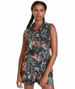 PUMA Golf Puma Nassau Black Hot Coral Womens Sleeveless Golf Polo