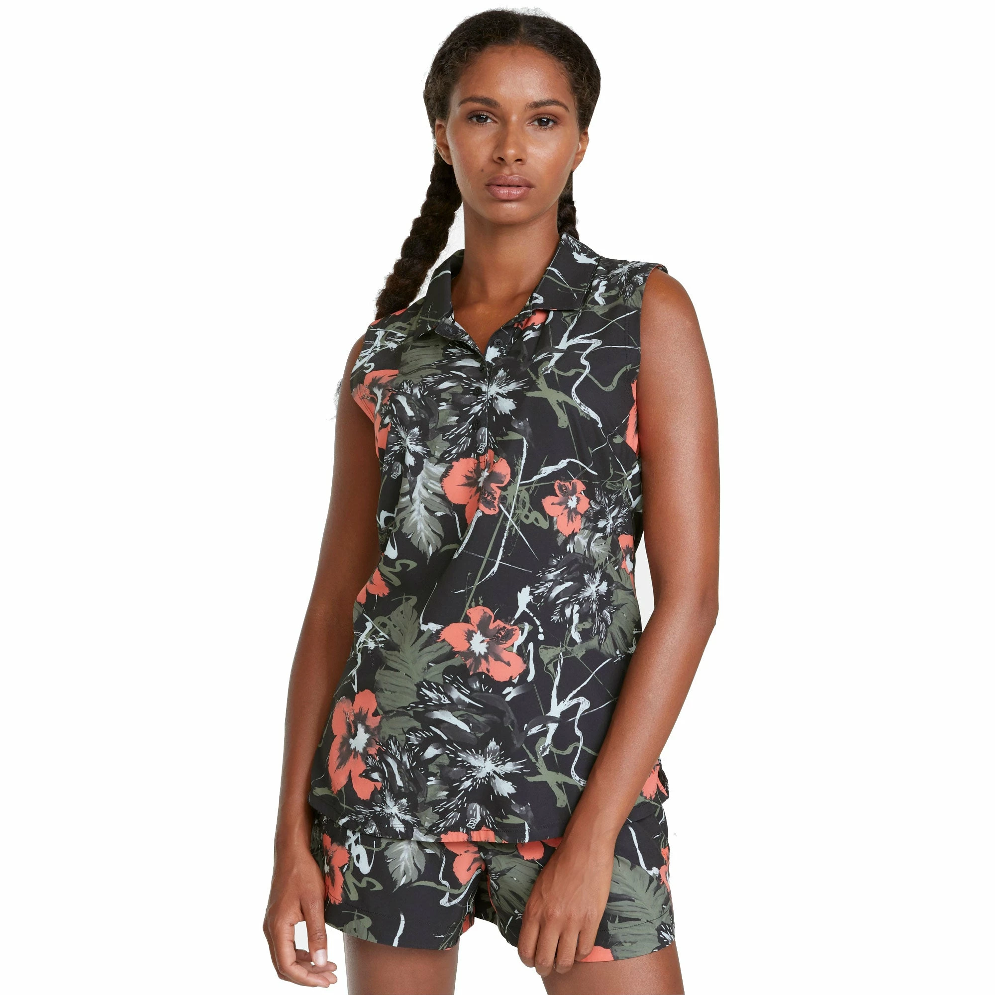 PUMA Golf Puma Nassau Black Hot Coral Womens Sleeveless Golf Polo 3 PUMA Golf Puma Nassau Black Hot Coral Womens Sleeveless Golf Polo