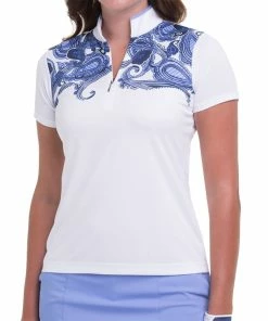 EP NY EP New York Split Mock Print White Multi Womens Short Sleeve Golf Polo